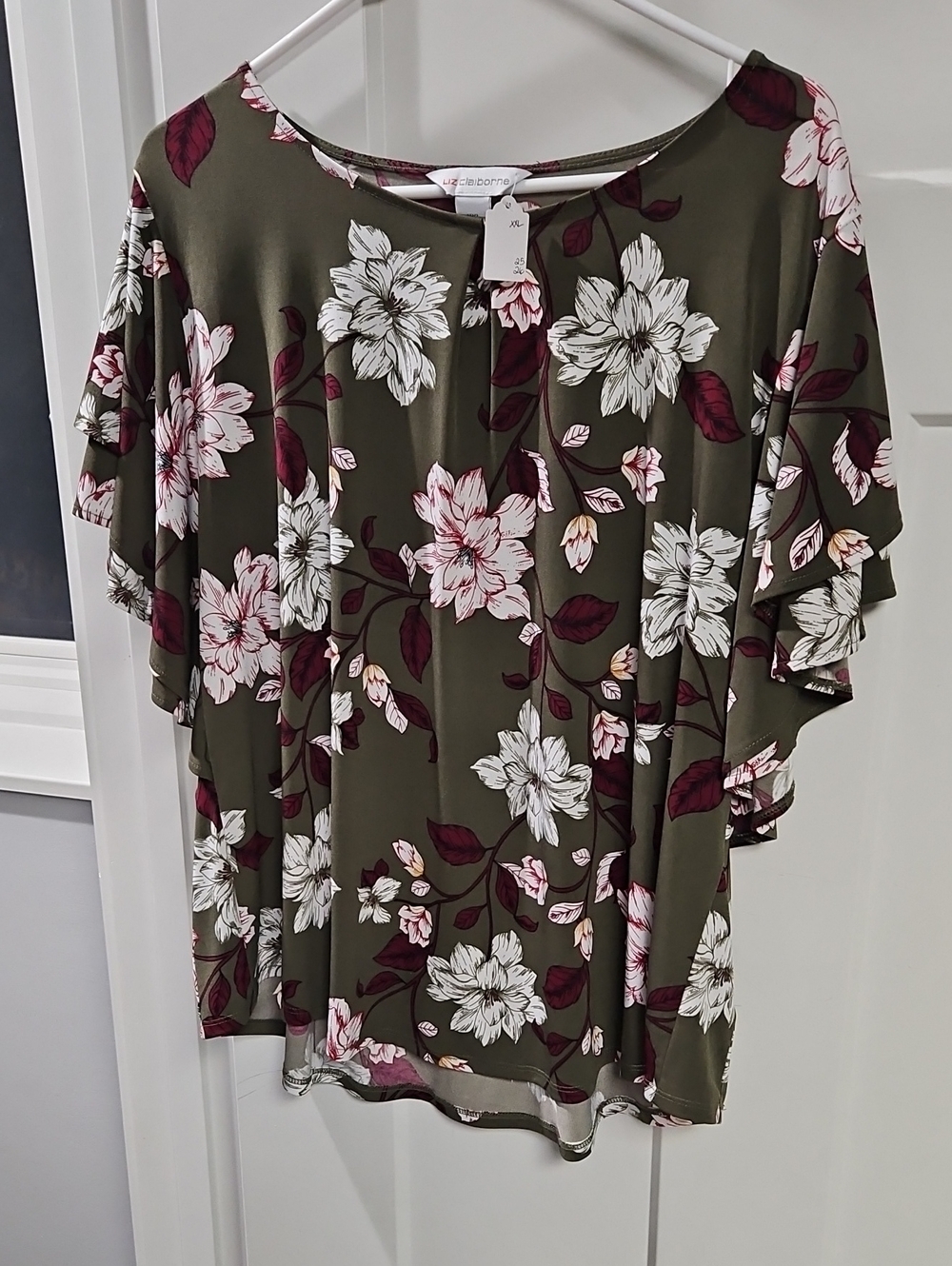 Liz Claiborne Olive Floral Flutter Sleeve Blouse with Burgundy and White Flowers